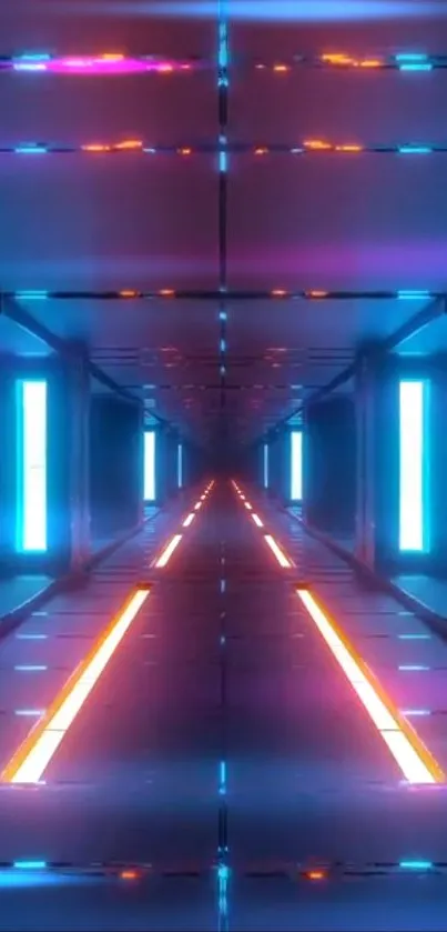 Futuristic neon tunnel with vibrant reflections