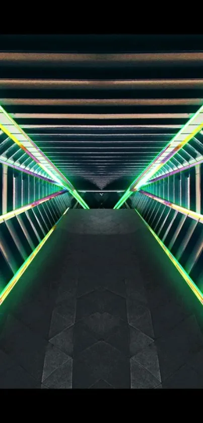 Futuristic neon tunnel with vibrant lights and dark geometric shapes.