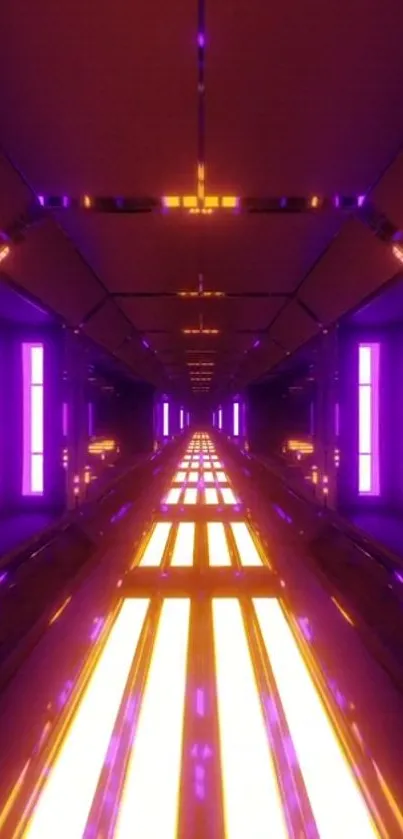 Futuristic neon tunnel with glowing purple and orange lights.