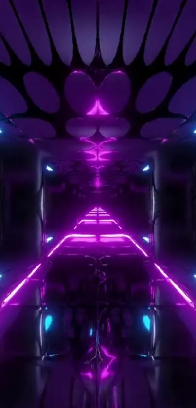 Futuristic neon tunnel with purple lights and shadows.