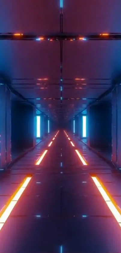 Futuristic neon tunnel with orange and blue lighting, perfect for mobile wallpaper.