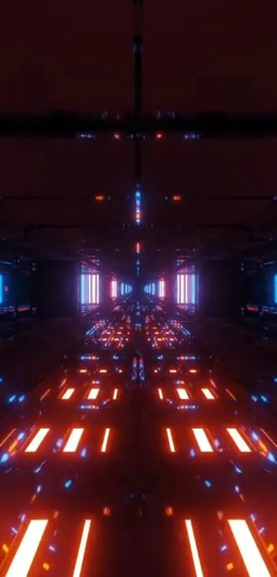 Futuristic neon tunnel with vibrant blue and orange lights.