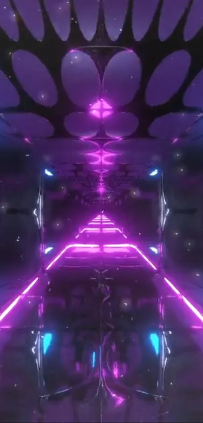 Futuristic neon tunnel with vibrant pink and blue lights.