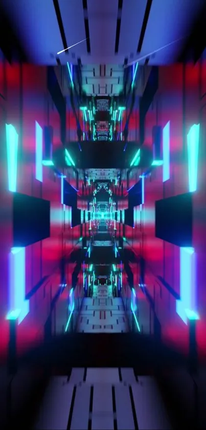 Futuristic neon tunnel wallpaper with red and blue glowing lights.