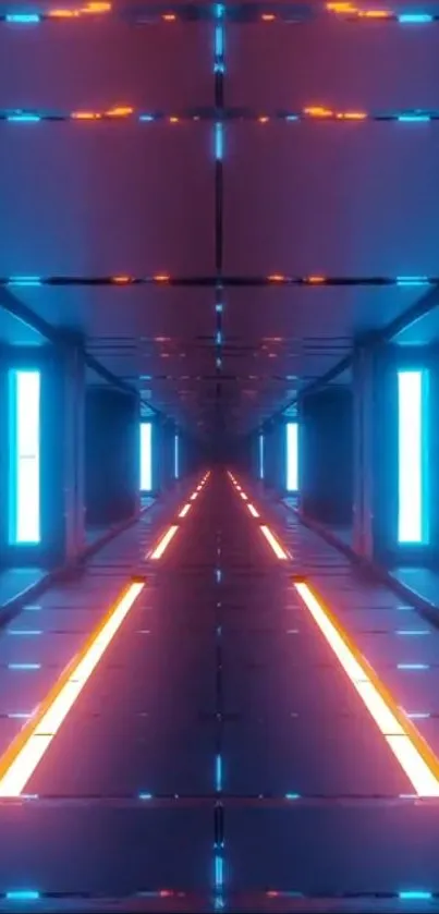 Futuristic neon tunnel with blue and orange lights creating depth illusion.