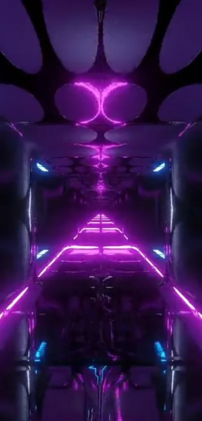 Futuristic neon tunnel with pink and blue lights.