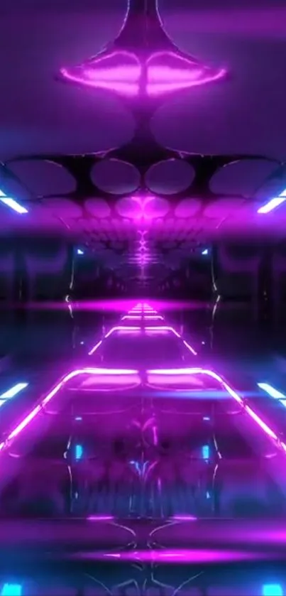 Futuristic neon tunnel with glowing pink and blue lights in a dynamic design.