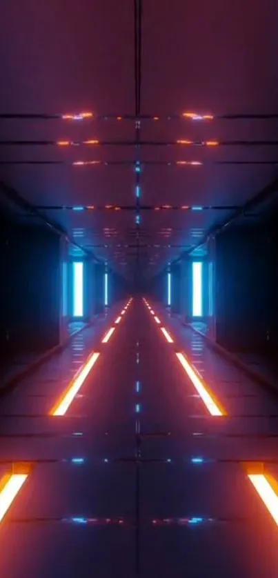 Futuristic neon tunnel with blue and orange lights.