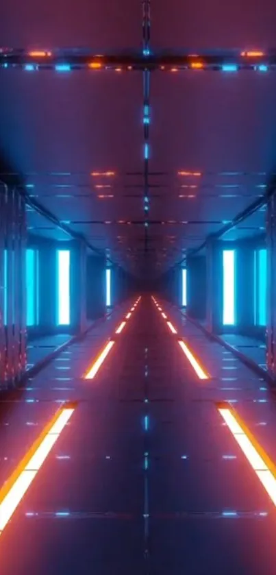 Futuristic neon tunnel with blue and orange lights.