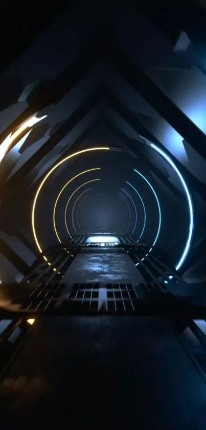 Futuristic neon tunnel with glowing blue and orange lights.