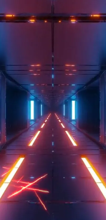 Futuristic neon-lit tunnel with blue and orange hues.