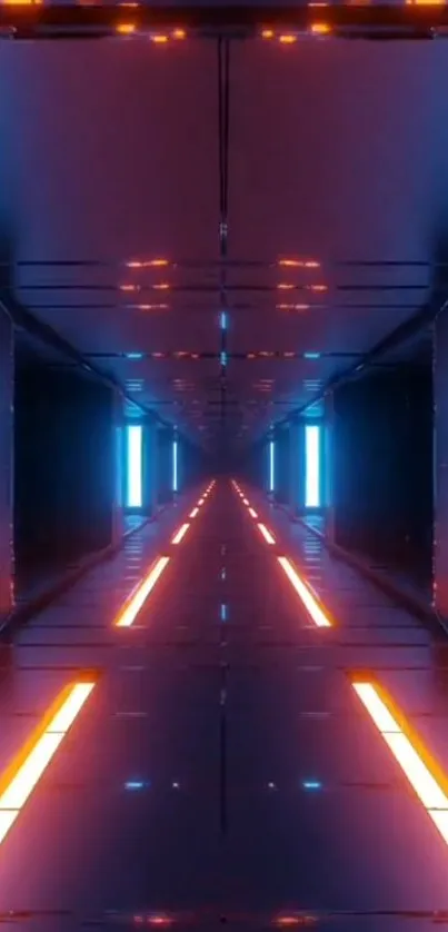 Futuristic neon tunnel with blue and orange lights.