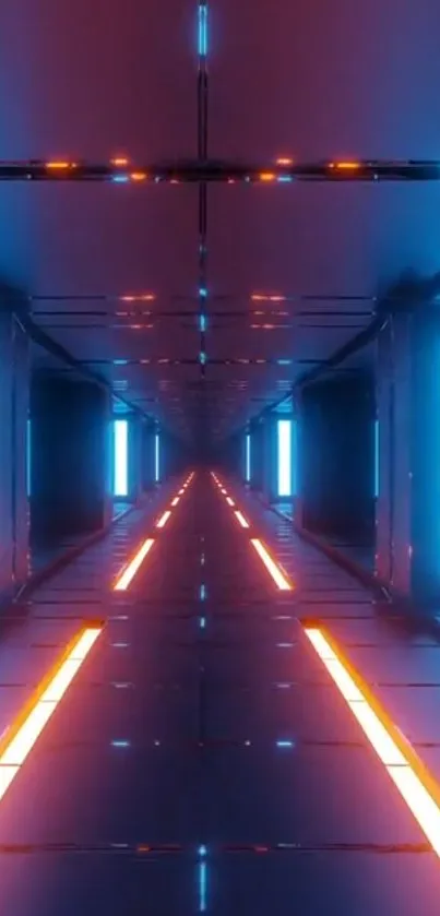 Futuristic neon tunnel with blue and orange lights, perfect for mobile screens.