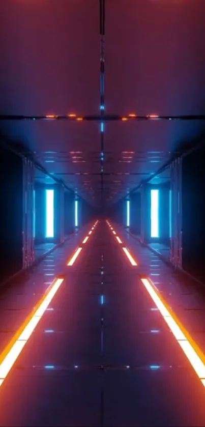 Futuristic neon tunnel with blue and orange glowing lights.