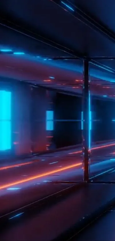 Futuristic neon tunnel with vibrant blue and red lighting.