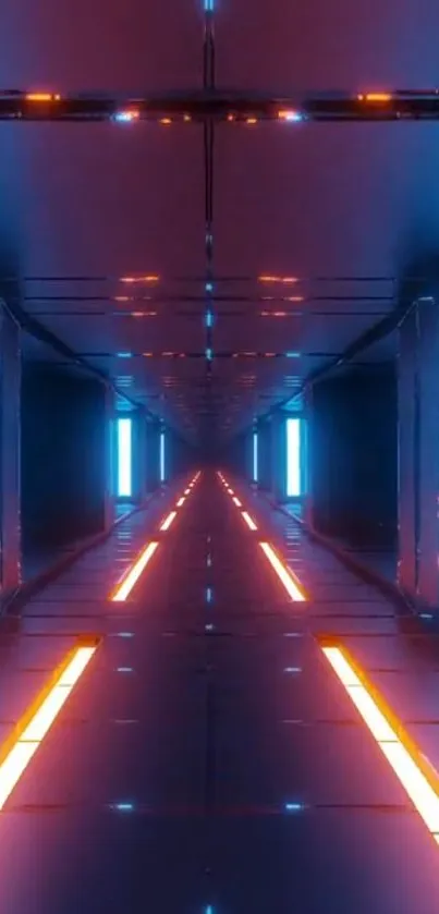 Futuristic neon tunnel wallpaper with blue and orange hues.