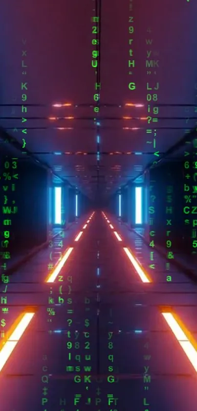 Futuristic neon tunnel wallpaper with digital green code.