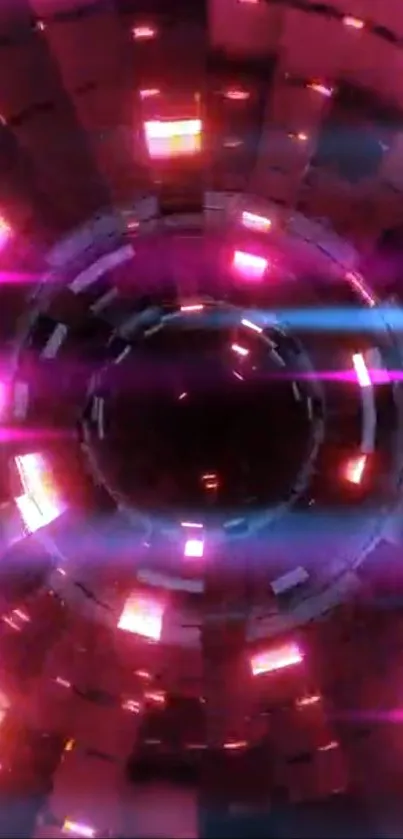 Futuristic neon tunnel with vibrant pink and purple lights.