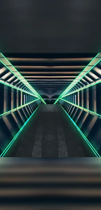 Futuristic tunnel with neon green lights and dark ambiance for phone wallpaper.