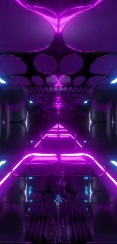 Futuristic neon tunnel with vibrant purple and blue lights.