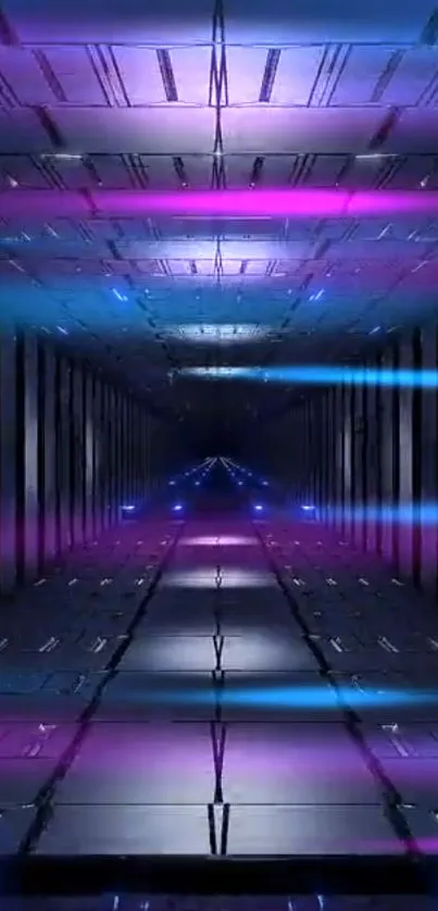 Futuristic neon tunnel with blue and purple lights.