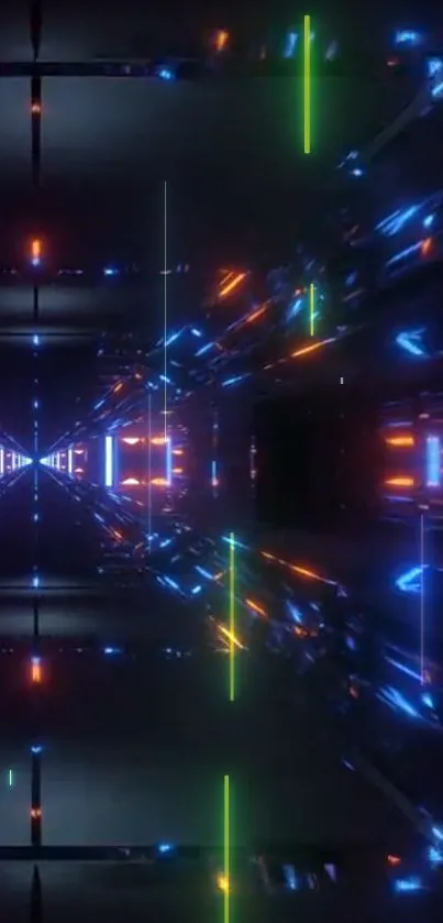 Futuristic neon tunnel wallpaper with blue, orange, and green lights.