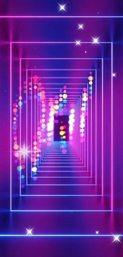 Futuristic neon tunnel with geometric designs and vibrant colors.