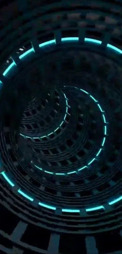 Futuristic neon tunnel with spiraling teal lights on a dark background.