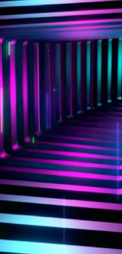 Futuristic neon tunnel with pink and blue glowing geometric patterns.