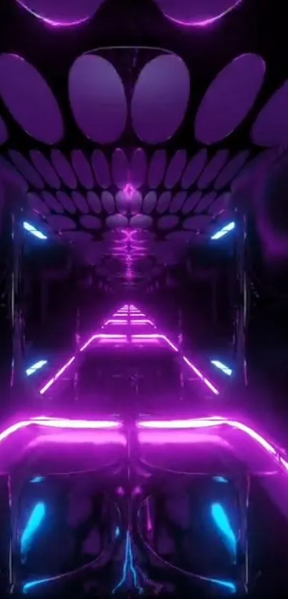 Futuristic neon tunnel with purple and blue lights creating an immersive effect.