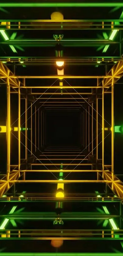 Futuristic neon tunnel with green and yellow lights