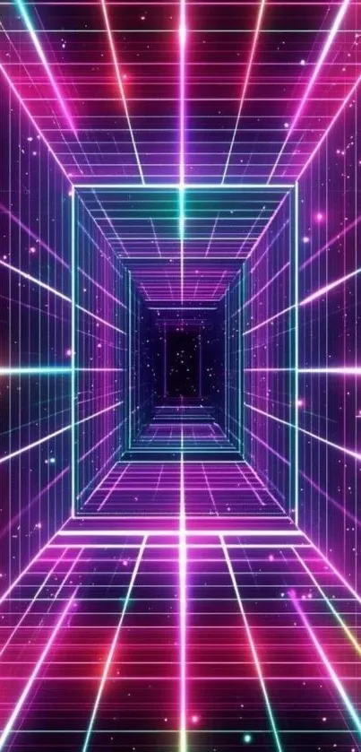 Futuristic neon tunnel with bright colorful lights.
