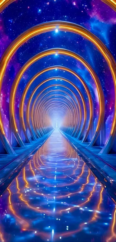 Futuristic neon tunnel with vibrant reflections.
