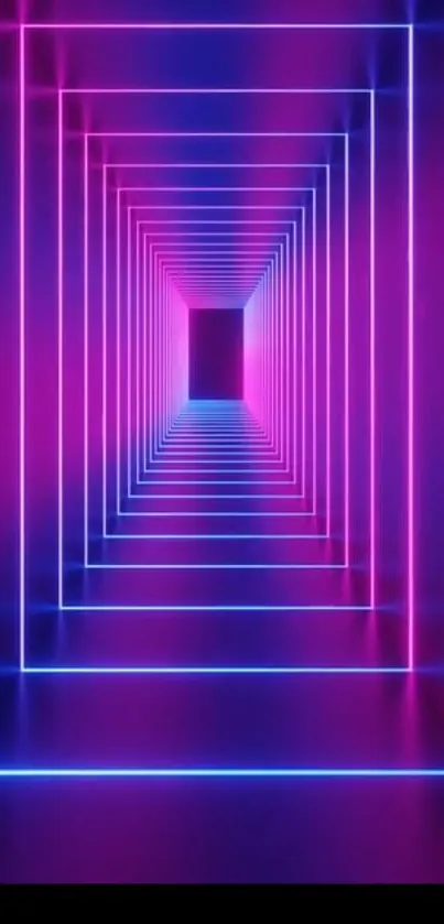 Futuristic neon tunnel with pink and blue light lines.