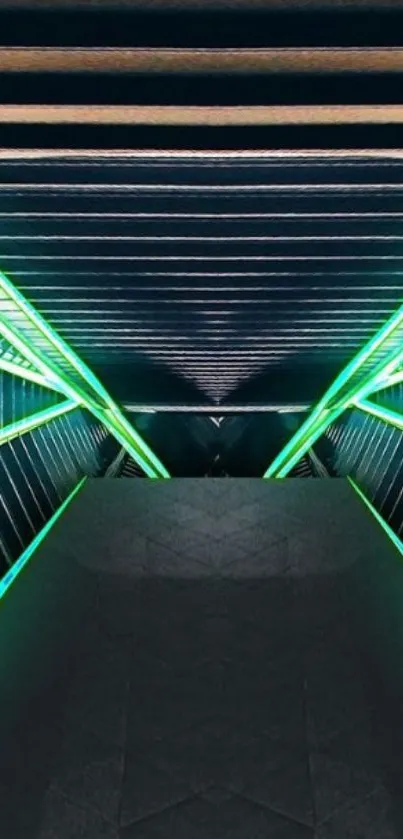 Futuristic neon tunnel with glowing green lines.