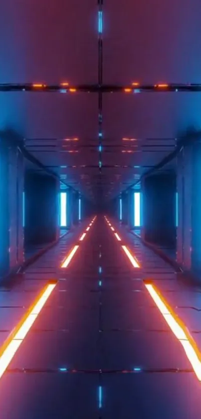 Futuristic neon tunnel with blue and orange glowing lights.