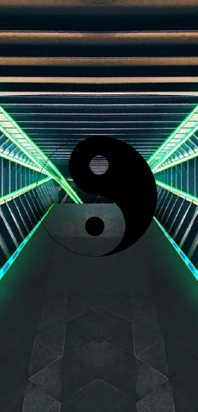 Neon futuristic tunnel with yin-yang symbol.