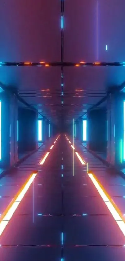 Futuristic neon tunnel with blue and orange lights creating a sci-fi ambiance.