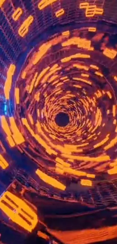 Futuristic neon tunnel with orange glow and digital patterns.