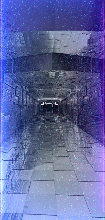 Futuristic corridor with neon blue and purple lights creating a sci-fi effect.