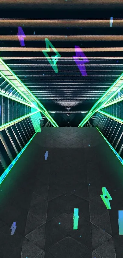 Futuristic tunnel with neon green lights.