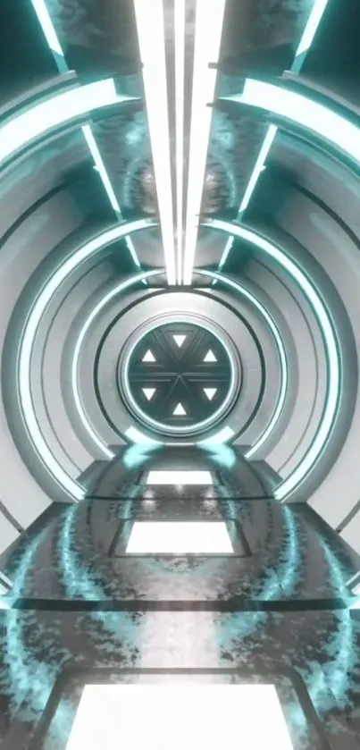 Futuristic neon tunnel with glowing turquoise lights.