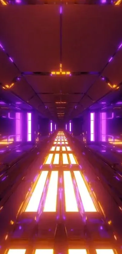 Futuristic neon tunnel with glowing purple and yellow lights.