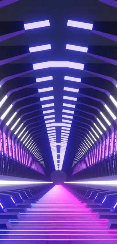 Futuristic neon tunnel with vibrant purple, pink, and blue lights.