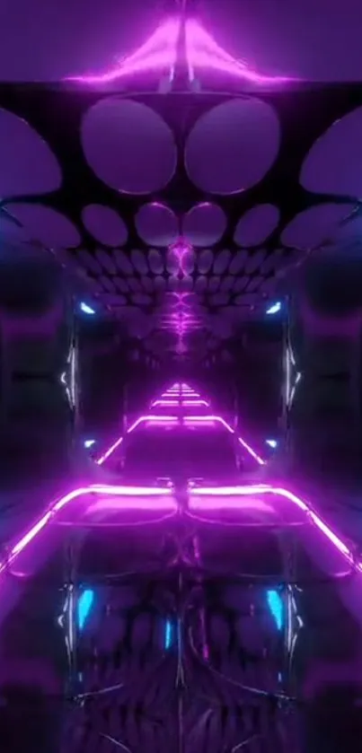 Futuristic tunnel with neon lights and purple hues, perfect for mobile wallpaper.