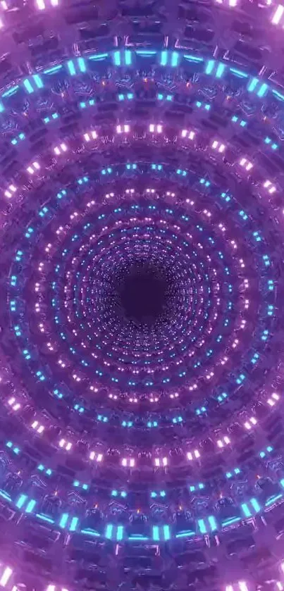 Futuristic neon tunnel wallpaper with purple and blue lights creating a vortex effect.