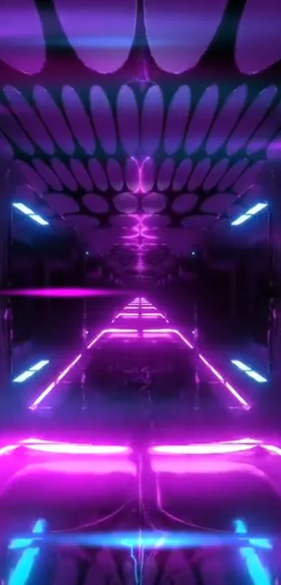 Futuristic neon tunnel with purple and blue lights.