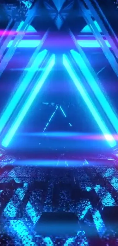 Futuristic neon tunnel with blue and pink lights.