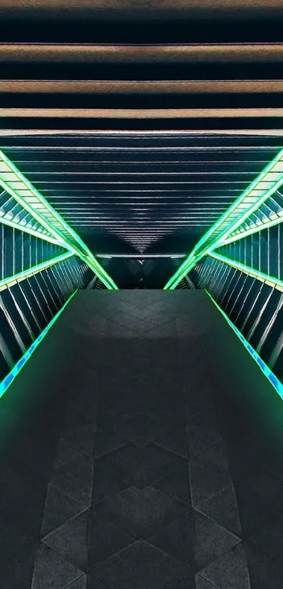 Futuristic tunnel with green neon lights and symmetrical lines.