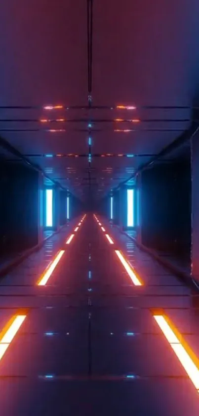 Futuristic neon tunnel with vibrant blue and orange lights.